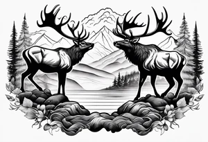 two elk fighting with mountains and stream in background tattoo idea