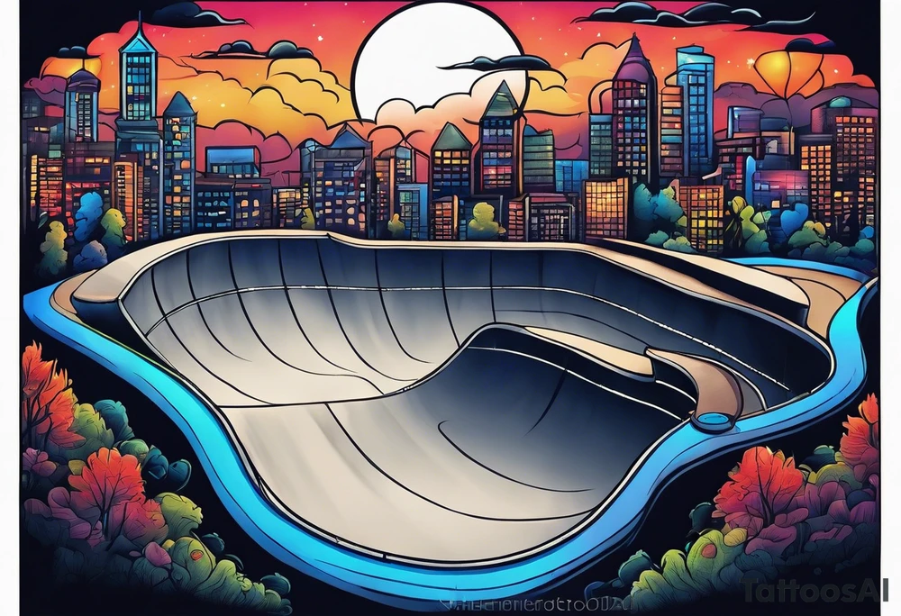 liminal skate park in night time scene tattoo idea