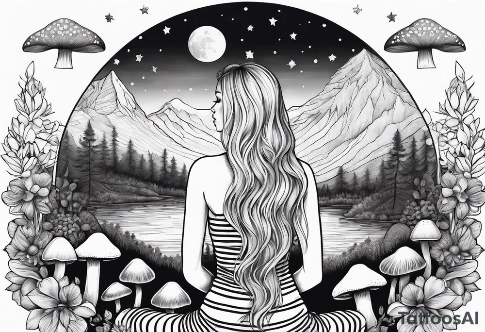 Straight blonde hair girl meditating facing away toward mountains surrounded by mushrooms crescent moon mandala circular design black and white striped dress tattoo idea