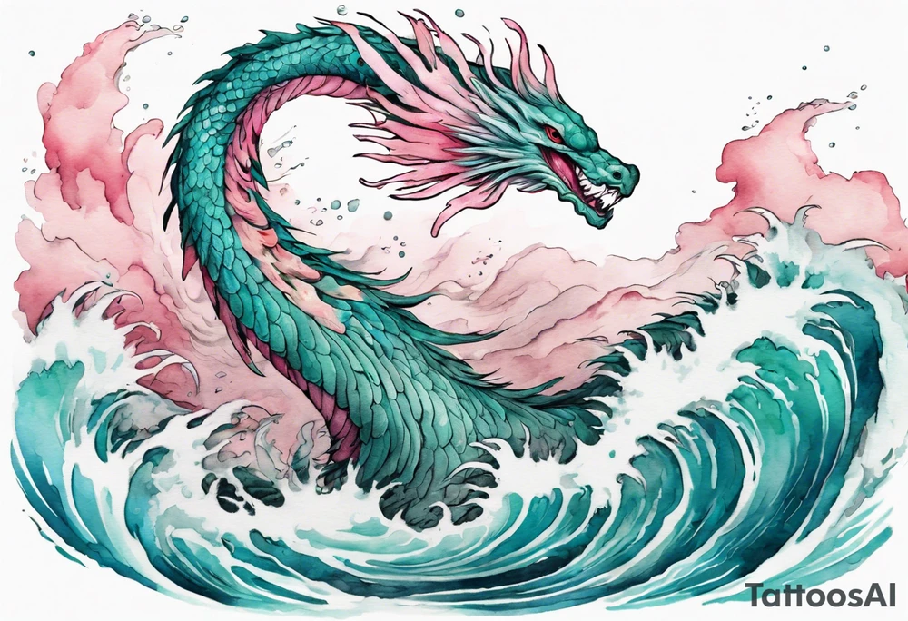 a gentle turquoise and pink feathered sea serpent emerging from the stormy sea tattoo idea