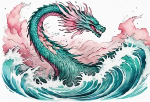 a gentle turquoise and pink feathered sea serpent emerging from the stormy sea tattoo idea