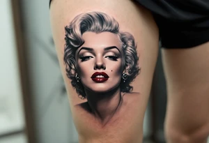 Classic black and grey Marilyn Monroe portrait with only the beauty mark and lips in wine red. tattoo idea