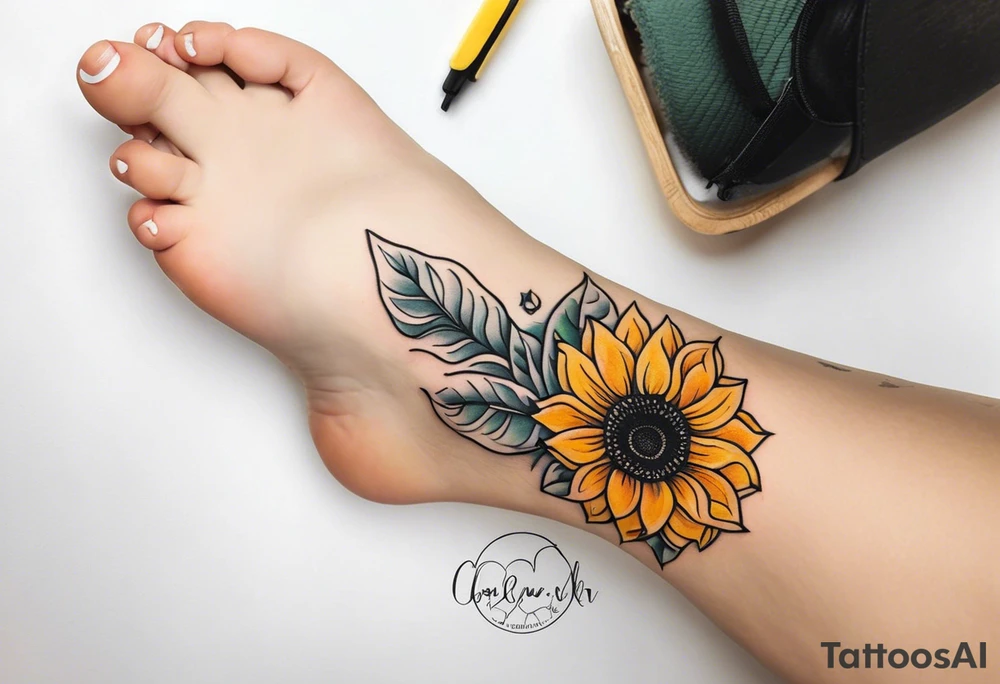 Baby foot print with sunflowers tattoo idea