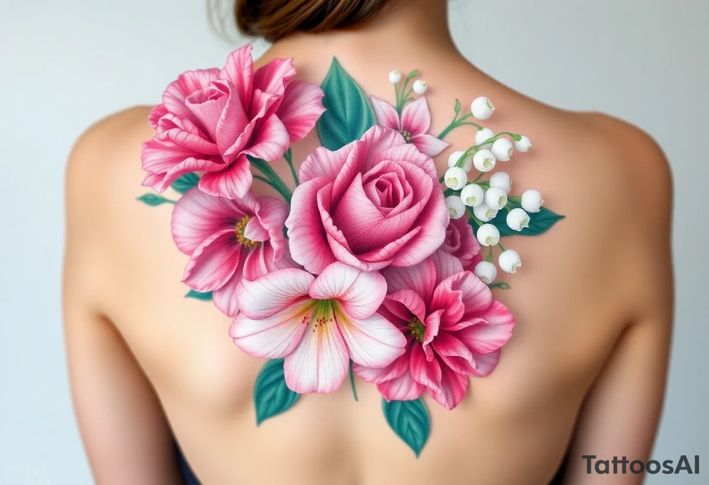 3d Bouquet of Carnation, Astor, Rose, Lily of the valley, Larkspur with realistic, pastel colors with no black tattoo idea