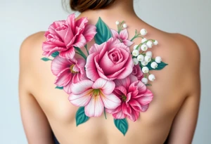 3d Bouquet of Carnation, Astor, Rose, Lily of the valley, Larkspur with realistic, pastel colors with no black tattoo idea