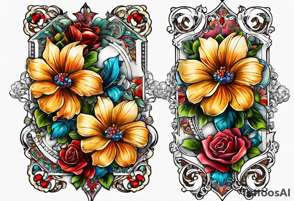 Floral leg piece with beading and lace tattoo idea. colorful, old school flowers, highly detailed, florals. white background. beautiful hourglass at the center, intricate highly detailed, tattoo idea