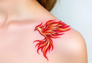 A phoenix reborn from swirling crimson and orange flames, its feathers tipped in glowing white embers, symbolizing resilience and rebirth tattoo idea