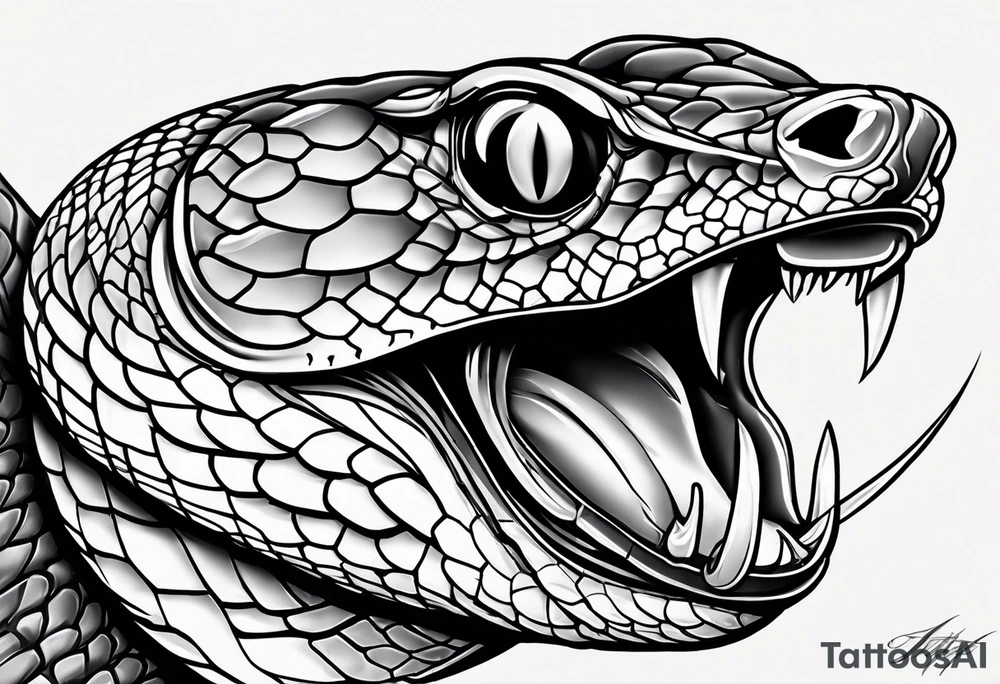 Copperhead with just the head turned up and mouth open, and forked tongue, black and white with copper colored eye tattoo idea