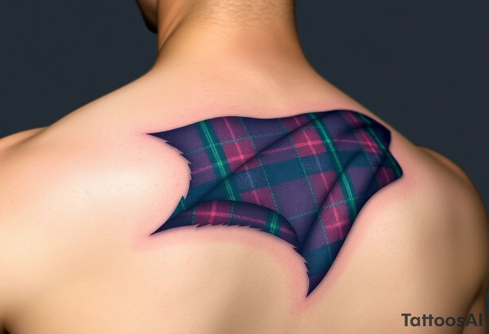 Dark Purple with green pink blue and white highlights tartan fabric with skin around edges peeling and wrapping around side of shoulder tattoo idea