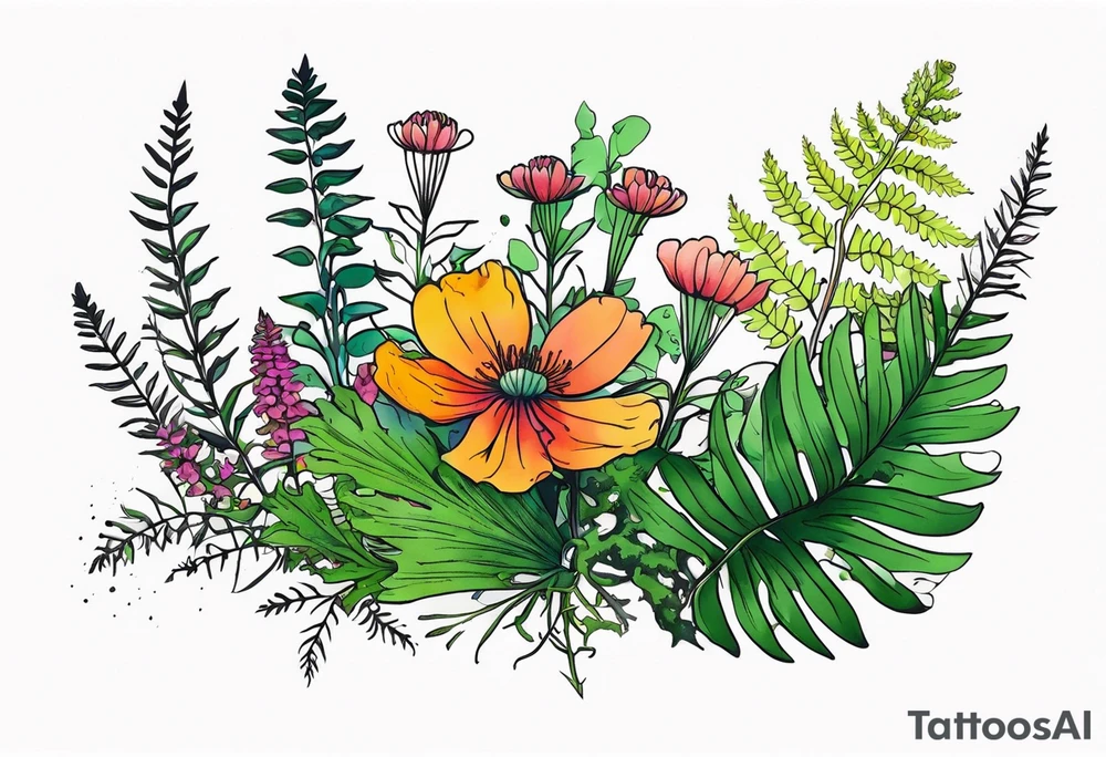 saturated mixed wildflower with moss and ferns and with color tattoo idea