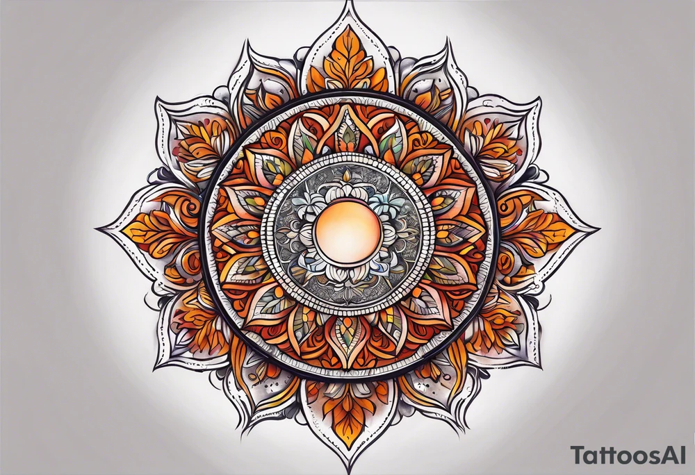 male moon mandala Knee tattoo in fall colors tattoo idea