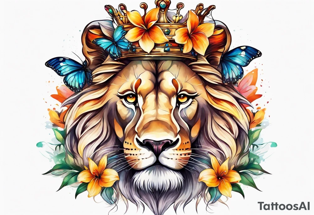 African lion covered in lilies butterflies crown tattoo idea