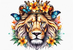 African lion covered in lilies butterflies crown tattoo idea