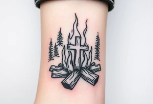 Campfire with cross hidden in the flames include the great outdoors tattoo idea