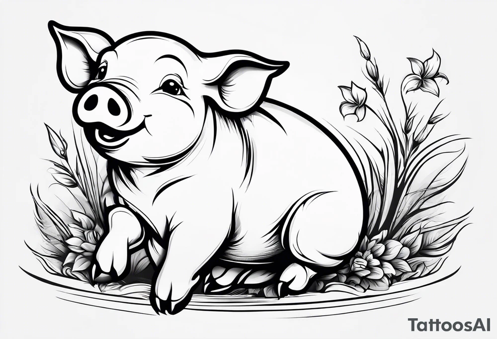 very cute chubby happy piglet.
outline only.
black and white only.
only show the piglet. no extra lines or decoration.
no black shading.
dont make the ears too big.
draw very thin lines tattoo idea