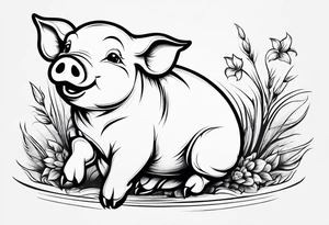 very cute chubby happy piglet.
outline only.
black and white only.
only show the piglet. no extra lines or decoration.
no black shading.
dont make the ears too big.
draw very thin lines tattoo idea