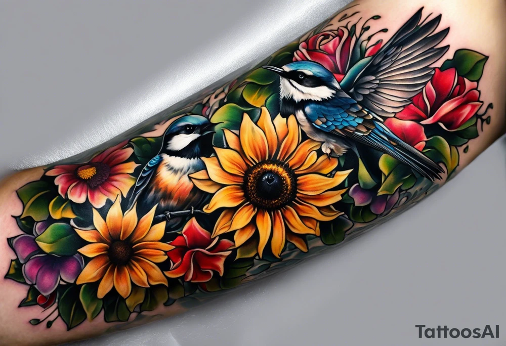 A lower forearm sleeve full colour coming down from a bicep with flowers joined with honeycombs, Mandela flowers, sunflowers, chickadee bird, humming bird, and owl.  Sweet pea and honey suckle flowers. tattoo idea