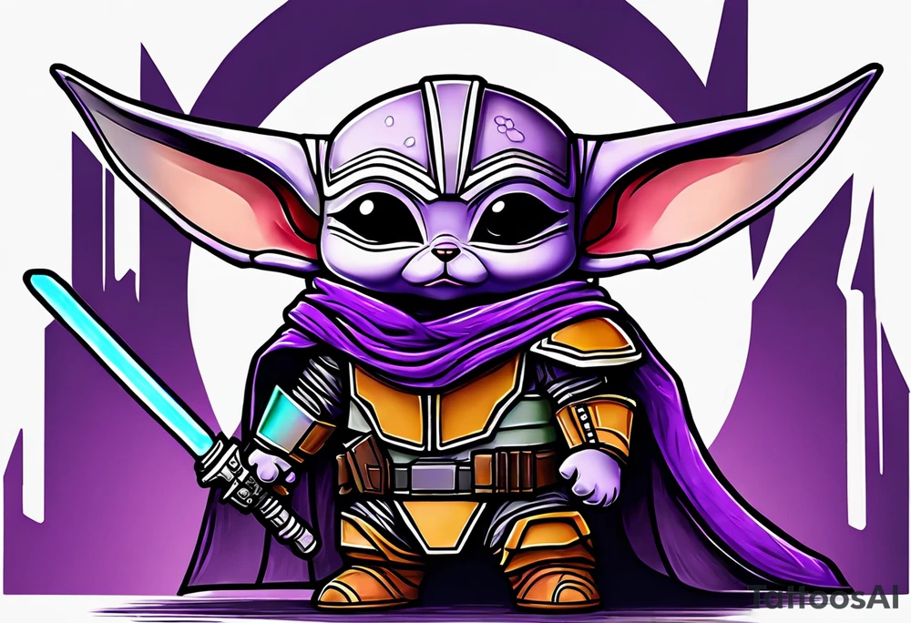Baby grogu wearing mandalorian armor and a purple lightsaber tattoo idea