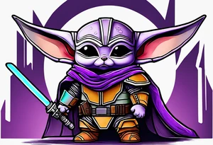 Baby grogu wearing mandalorian armor and a purple lightsaber tattoo idea