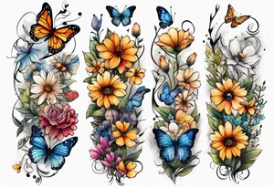 An arm sleeve, full of butterflies and random wildflowers tattoo idea