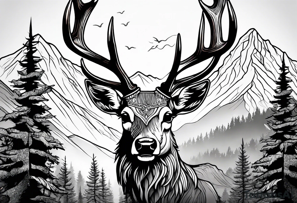 deer skull mountain trees tattoo idea