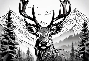 deer skull mountain trees tattoo idea