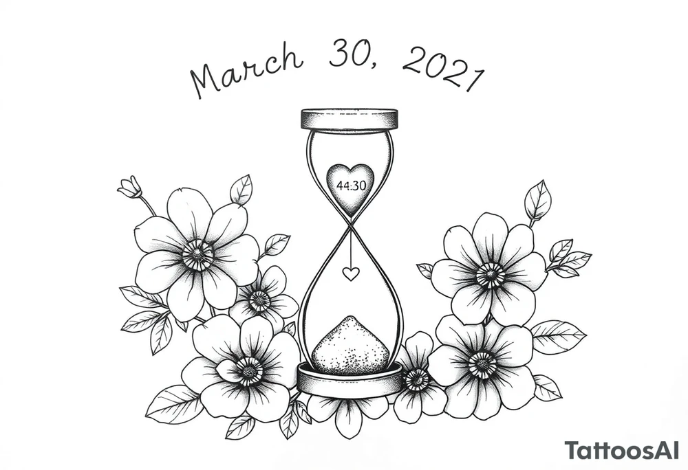 March 30, 2021, flowers, 4:30 am, mom and daughter, love, sand clock, hearts, baby girl, infinity love tattoo idea