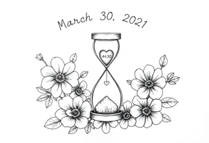 March 30, 2021, flowers, 4:30 am, mom and daughter, love, sand clock, hearts, baby girl, infinity love tattoo idea