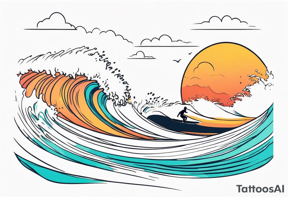 Single line wave tattoo with a dad and his two daughters surfing tattoo idea