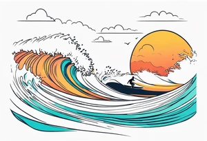 Single line wave tattoo with a dad and his two daughters surfing tattoo idea