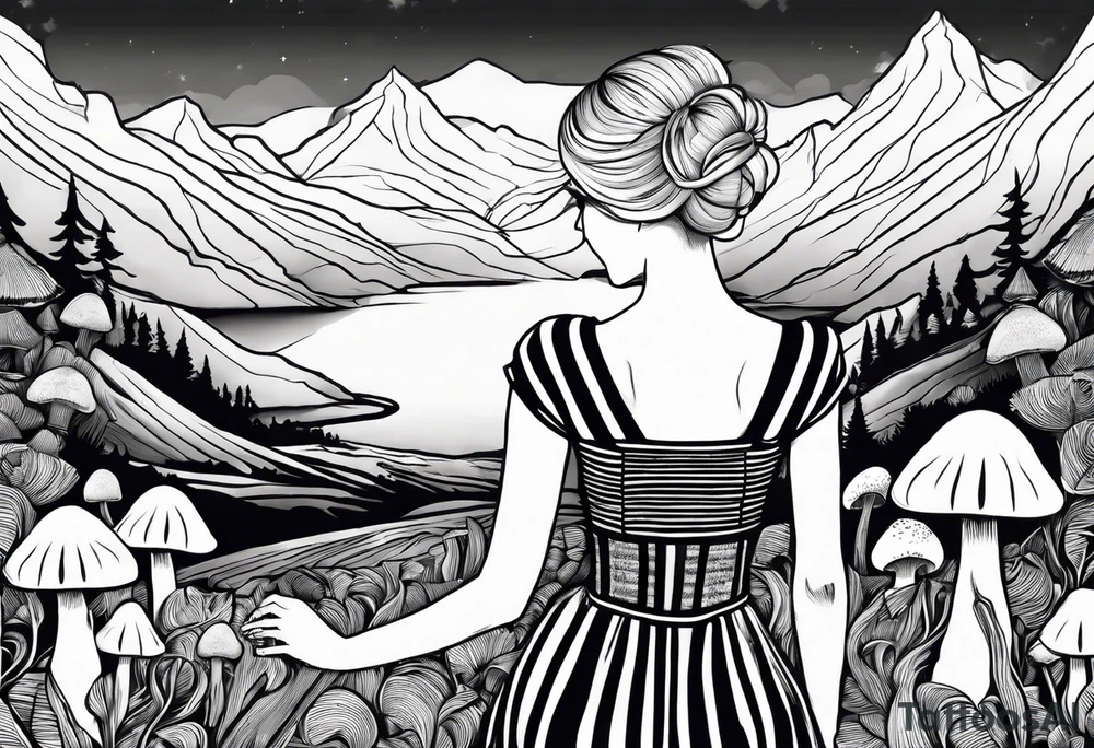 Straight blonde hair girl holding oyster mushrooms in hand facing away toward mountains surrounded by mushrooms black and white striped dress tattoo idea