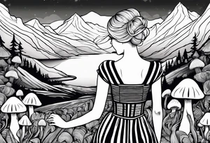 Straight blonde hair girl holding oyster mushrooms in hand facing away toward mountains surrounded by mushrooms black and white striped dress tattoo idea