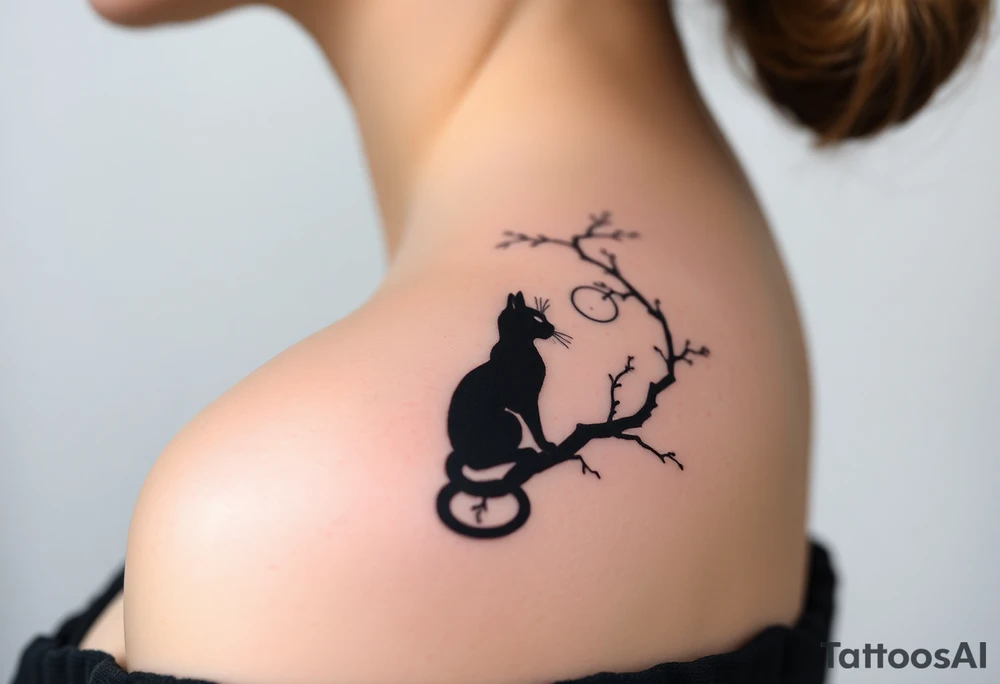 a cats sillhouette siting on a tree in the moon light tattoo idea