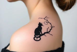 a cats sillhouette siting on a tree in the moon light tattoo idea