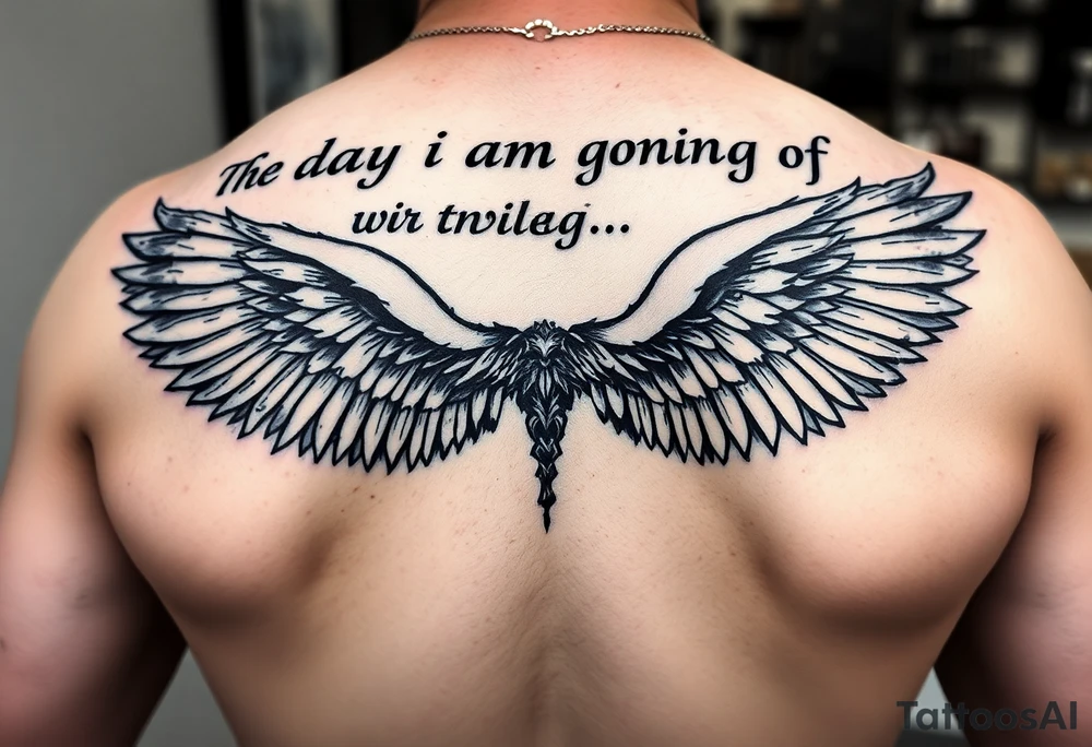 big back tattoo with words saying “one day i am going to grow wings” with big wings spreading tattoo idea