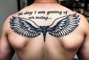 big back tattoo with words saying “one day i am going to grow wings” with big wings spreading tattoo idea