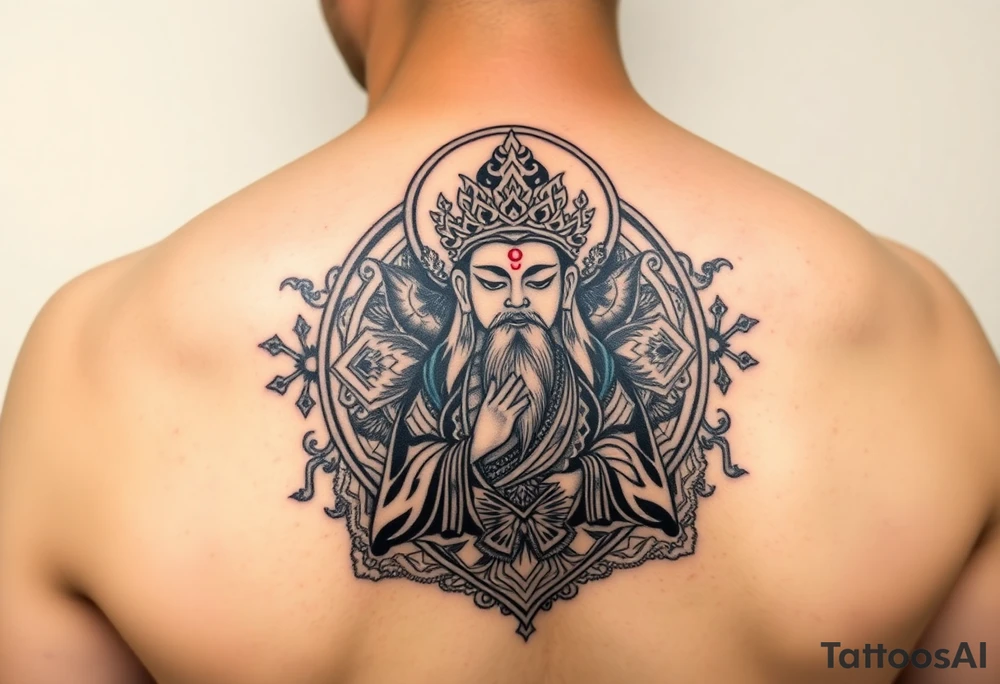 "Tibetan thangka tattoo but deity is a crypto wallet with QR face. Geometric patterns, black/red ink." tattoo idea
