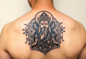"Tibetan thangka tattoo but deity is a crypto wallet with QR face. Geometric patterns, black/red ink." tattoo idea