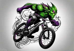 Green goblin riding a full suspension carbon fiber mountain bike tattoo idea