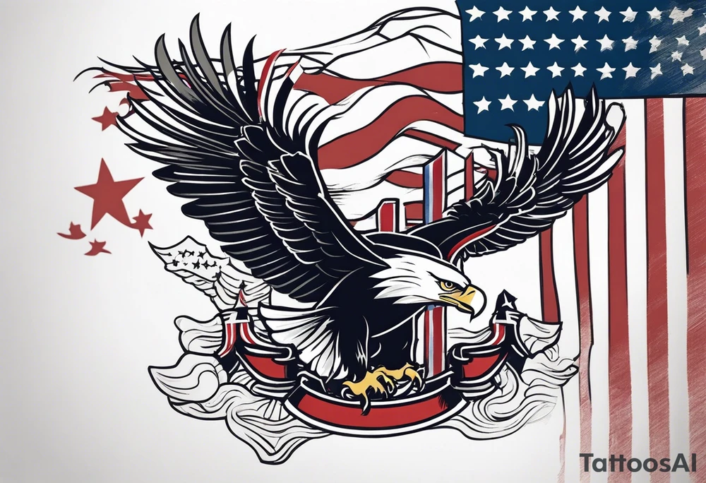 eagle flying in front of battleship holding American flag in beak tattoo idea