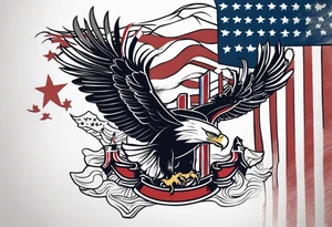 eagle flying in front of battleship holding American flag in beak tattoo idea