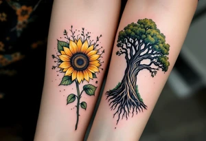 A vibrant sunflower in yellows for her and a strong oak tree in greens for him on the ribs represent growth and grounding. tattoo idea