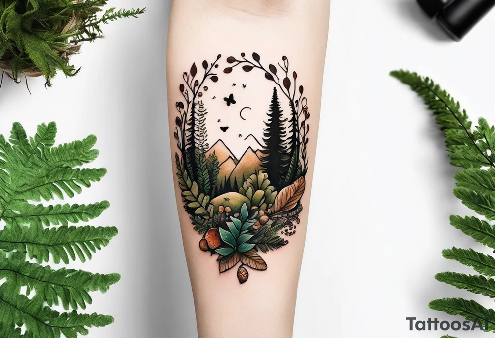 minimalistic forest floor inspired tattoo, which includes grass, moss, curly ferns and dead leaves as the bulk of the tattoo. details to include: forest berries, couple of very small brown mushrooms, a tiny bumblebee flying nearby tattoo idea