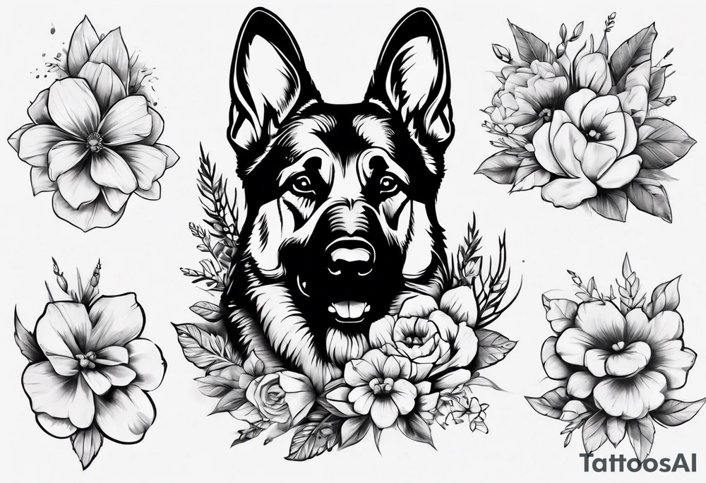 German Shepherd with flowers tattoo idea