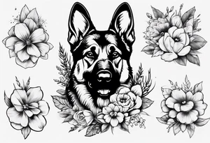 German Shepherd with flowers tattoo idea