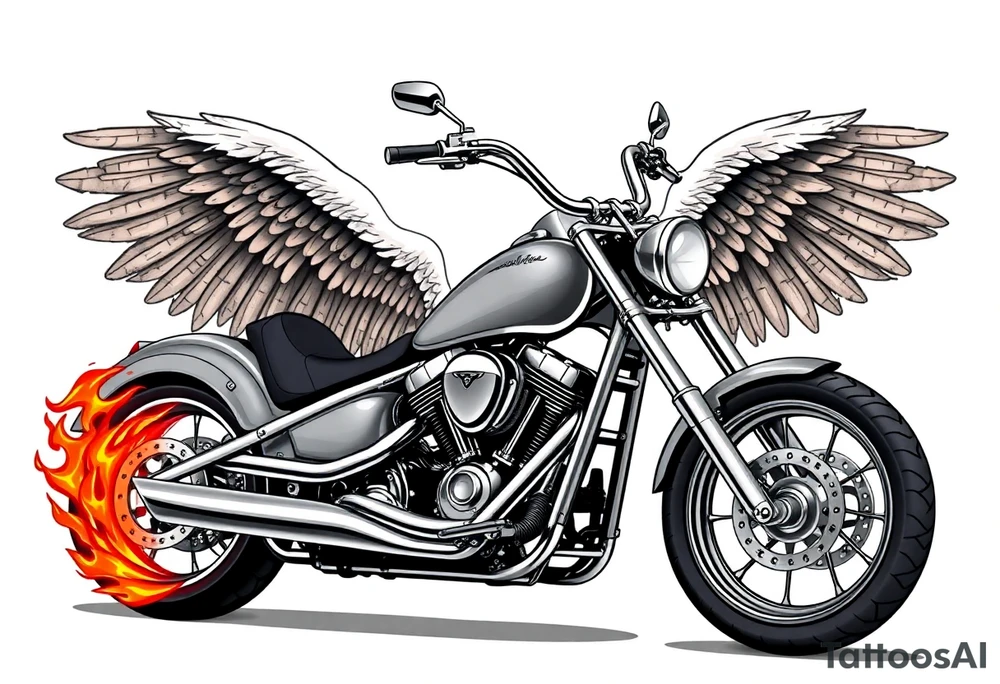 Low rider grey motorcycle, big muffler pipes with flames, angel wings, driving away, no person tattoo idea