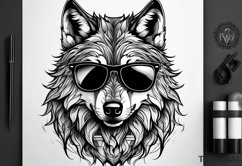 Badass wolf wearing sunglasses tattoo idea