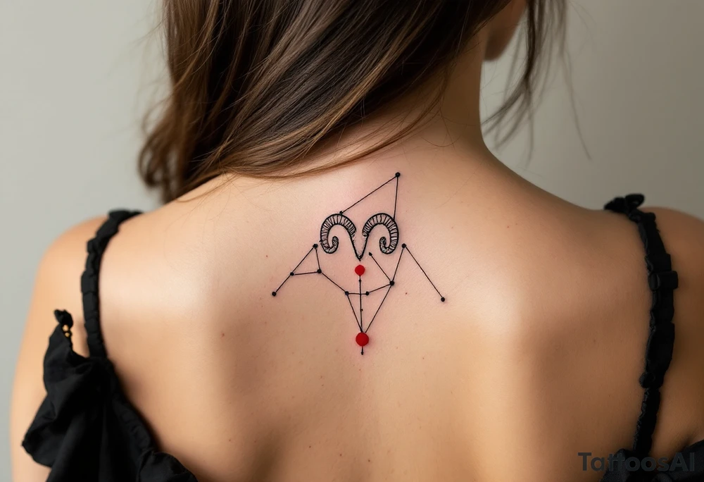This minimalist Aries tattoo in black ink outlines the constellation with a tiny red ram symbol at its core. tattoo idea