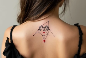This minimalist Aries tattoo in black ink outlines the constellation with a tiny red ram symbol at its core. tattoo idea