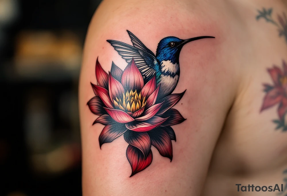 hummingbird and lotus flower, egyptian theme. Red and black colors only tattoo idea